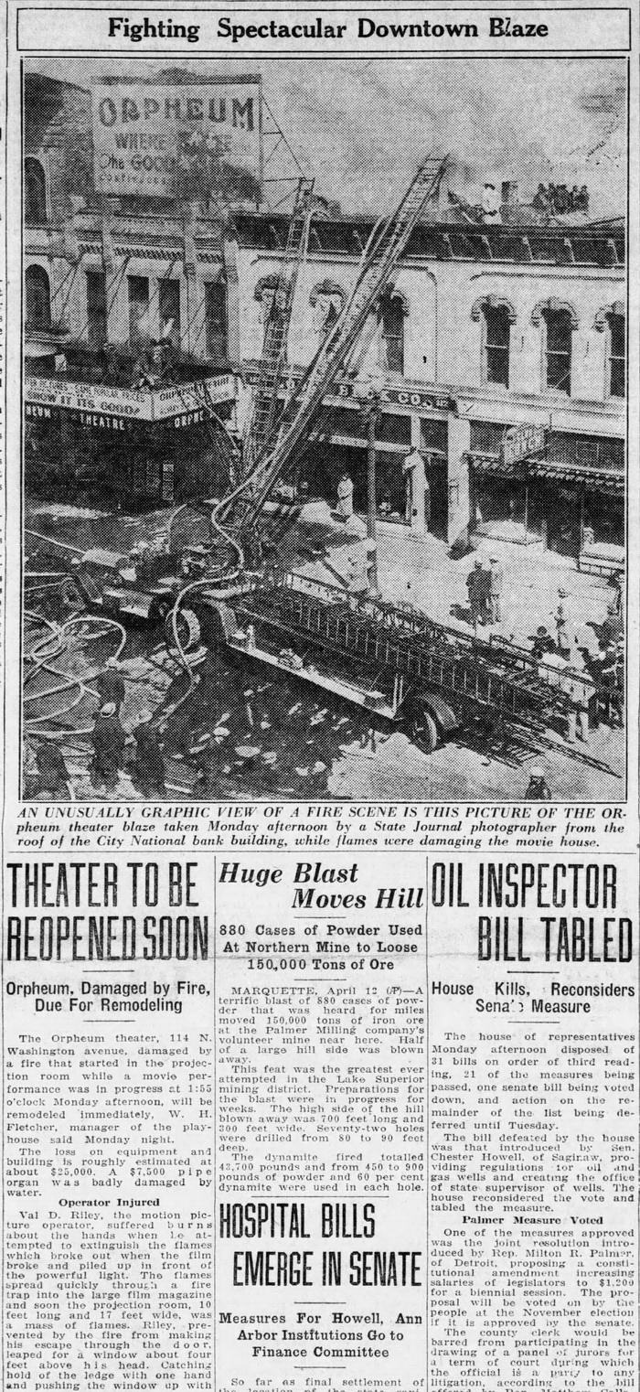 Orpheum Theatre - Lansing State Journal Tue Apr 12 1927 Article On Fire (newer photo)